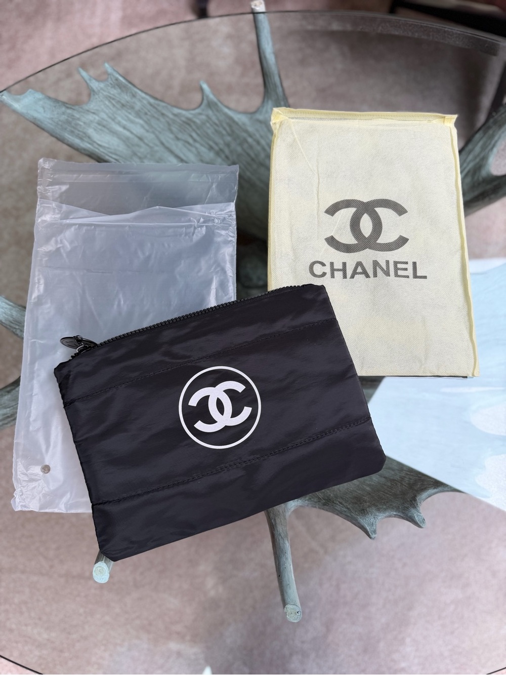Chanel Black Nylon Logo Gift with Purchase Makeup Jewelry Zip Pouch Bag CC Tag
